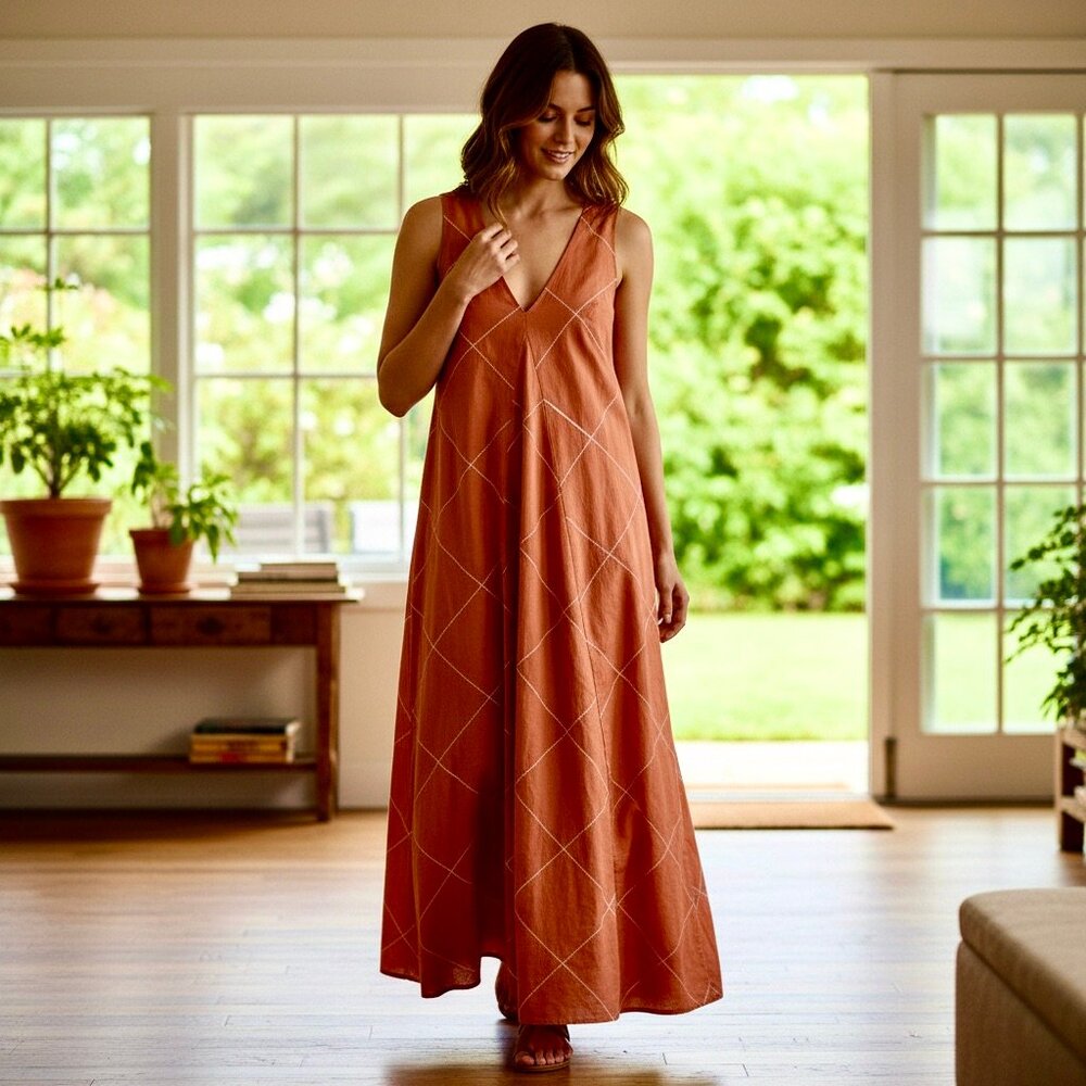 VTG 70s Marimekko Orange Windowpane Maxi Dress V-Neck Cotton Suomi Finland 34"B